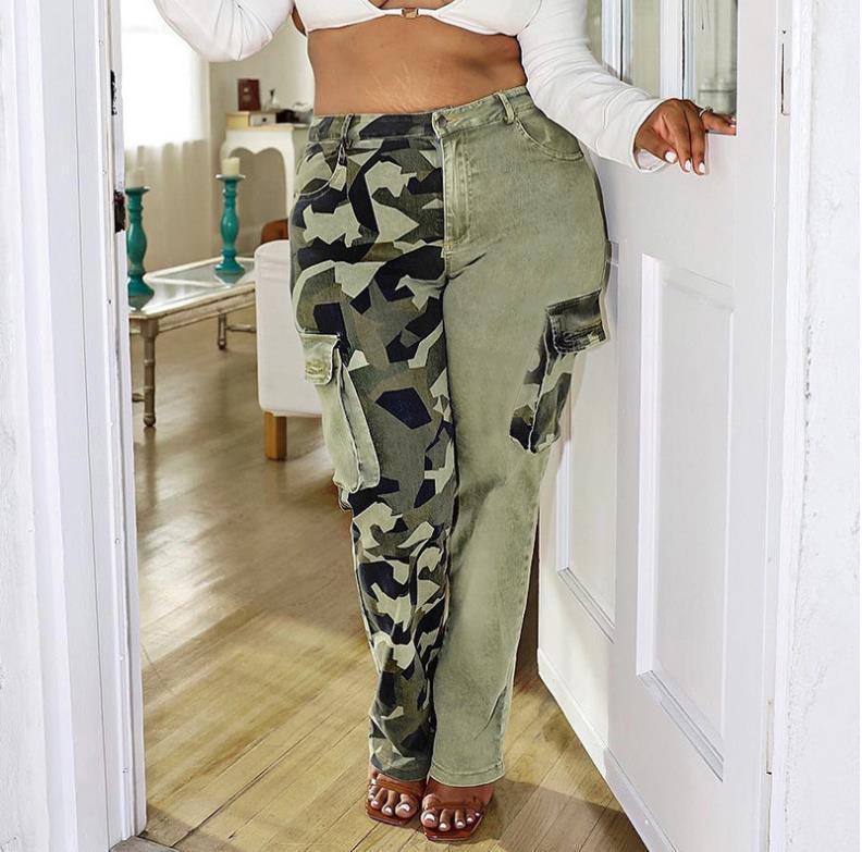 Camouflage Denim Panel Button Pocket Trousers 35