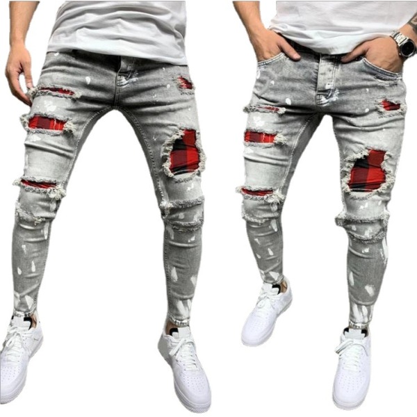Denim patch stretch pencil jeans 45