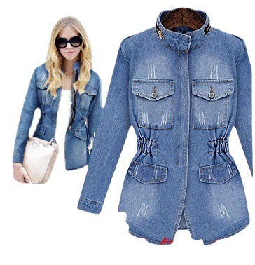 Distressed slim fit women's denim jacket 63