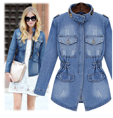 Distressed slim fit women's denim jacket 63