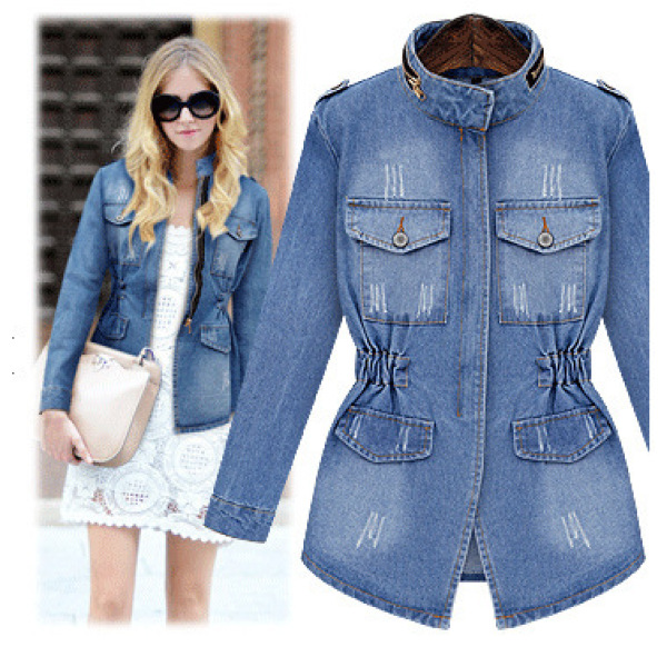 Distressed slim fit women's denim jacket 63