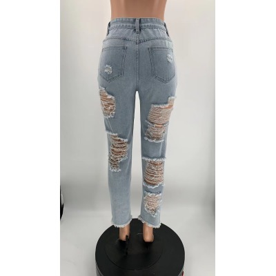 Frayed many holes cow skinny jeans trousers women's clothing 85