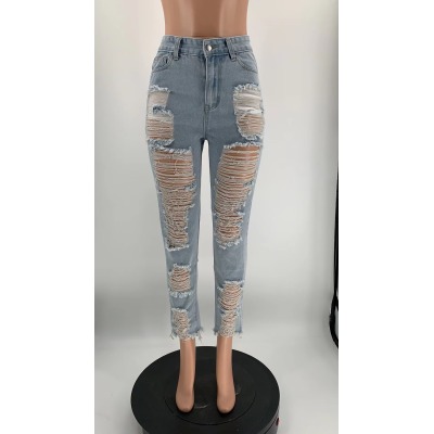 Frayed many holes cow skinny jeans trousers women's clothing 85