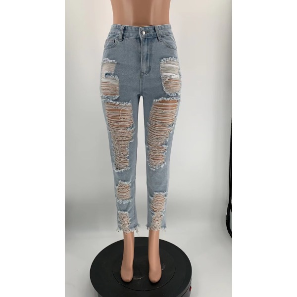 Frayed many holes cow skinny jeans trousers women's clothing 85
