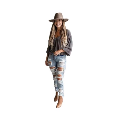 Frayed many holes cow skinny jeans trousers women's clothing 85