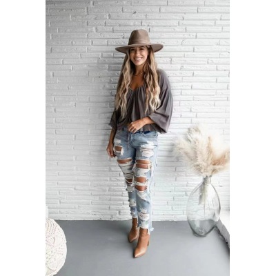 Frayed many holes cow skinny jeans trousers women's clothing 85