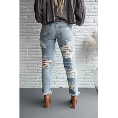 Frayed many holes cow skinny jeans trousers women's clothing 85