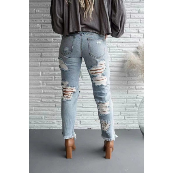 Frayed many holes cow skinny jeans trousers women's clothing 85