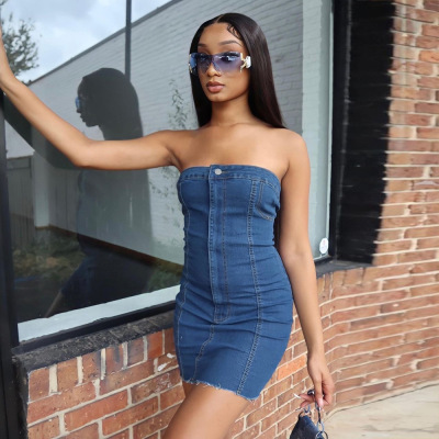 Fringed Washed Denim Bandeau Denim Dress 77