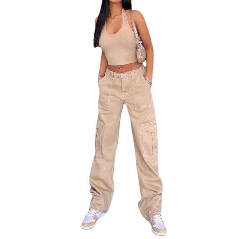 High Waist Elastic Waist Patch Pocket Casual All-Match Pants 76