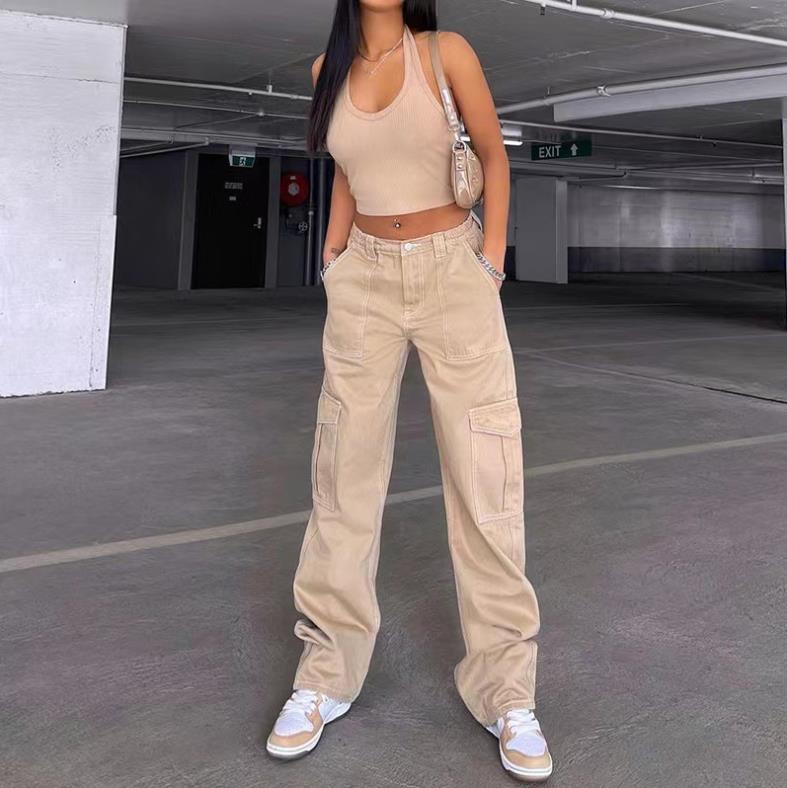 High Waist Elastic Waist Patch Pocket Casual All-Match Pants 76