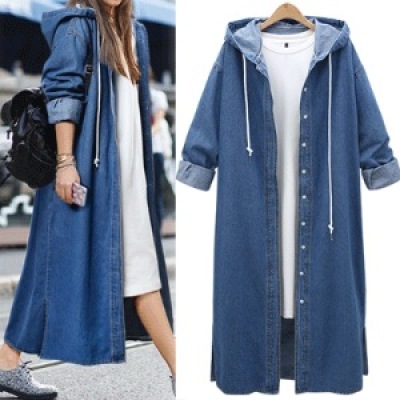 Hooded Long Sleeve Denim Jacket Single Breasted Long Trench Coat 101