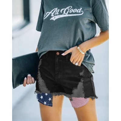 Independence Day Pocket Stars and Stripes Ripped Fringed Denim Shorts 16