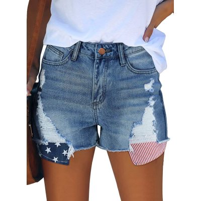 Independence Day Pocket Stars and Stripes Ripped Fringed Denim Shorts 16