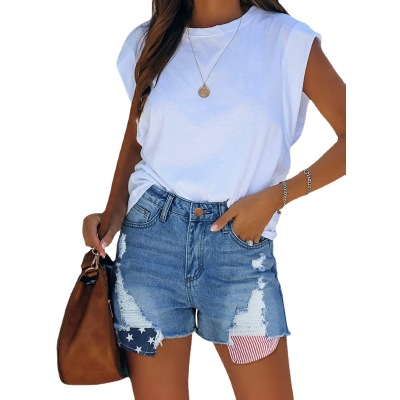 Independence Day Pocket Stars and Stripes Ripped Fringed Denim Shorts 16