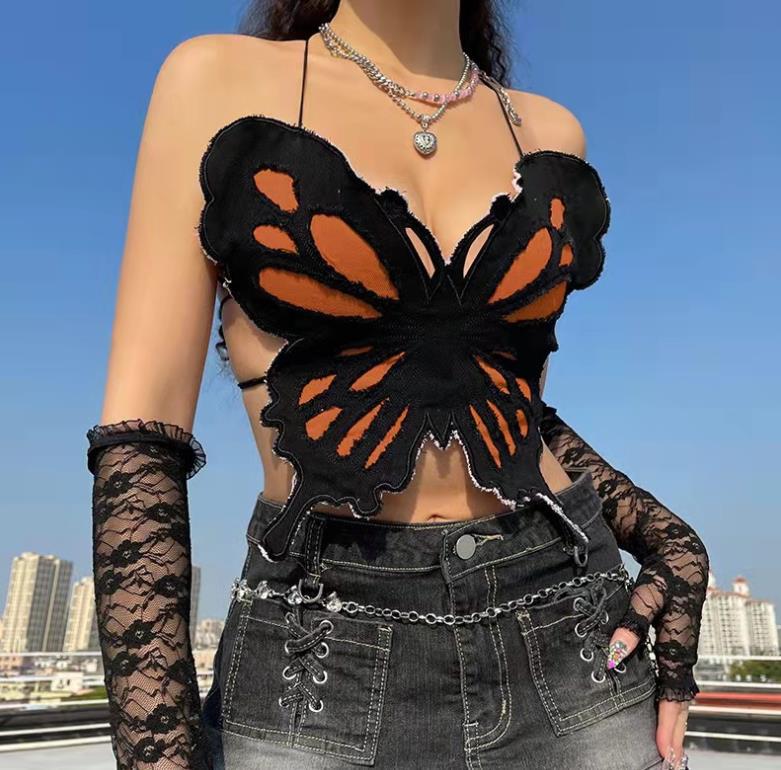 Interesting Butterfly Bust Contrasting Color Sling Backless 82