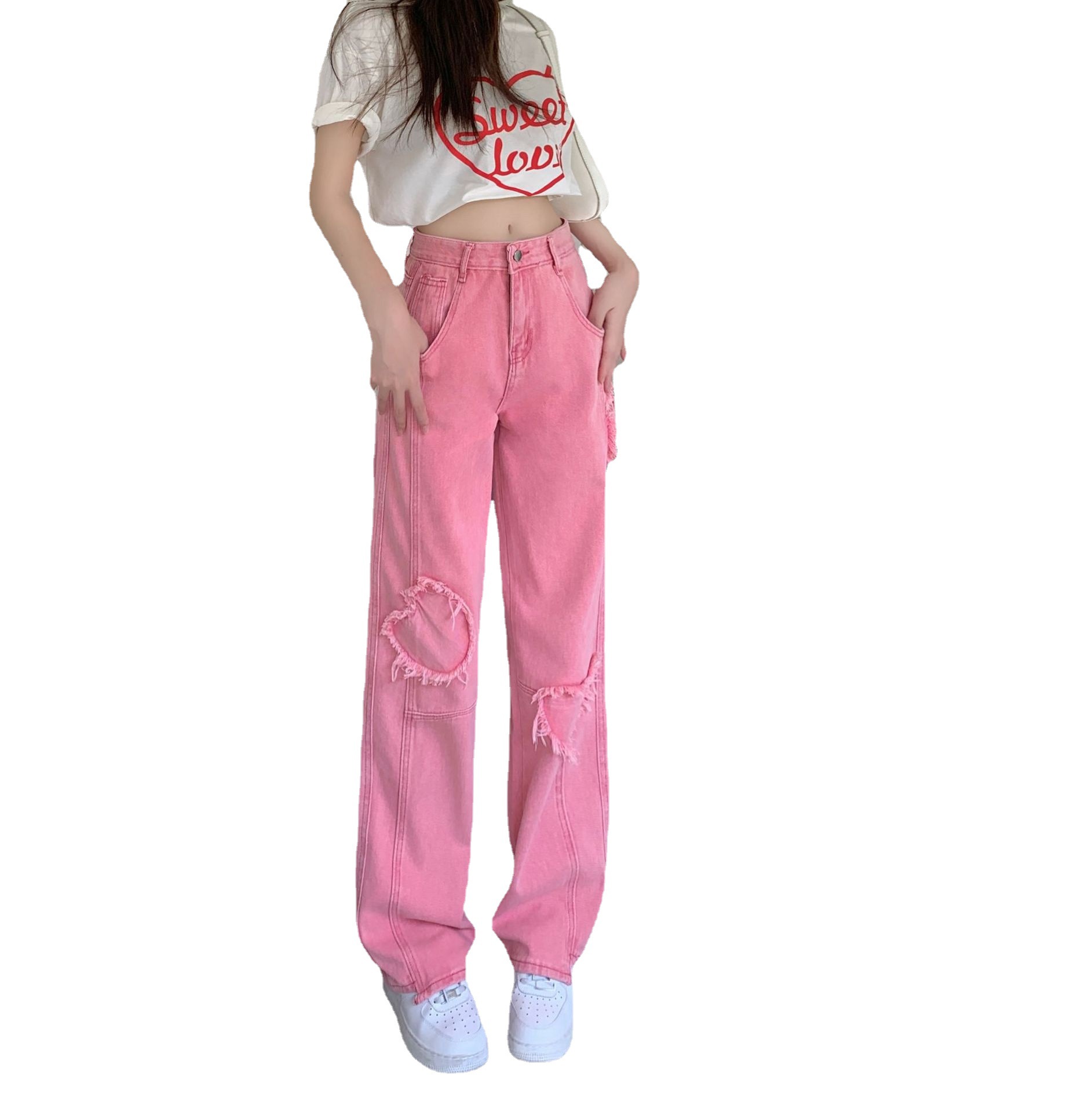 Love Loose Straight Babes Pink Pants Jeans Women 136