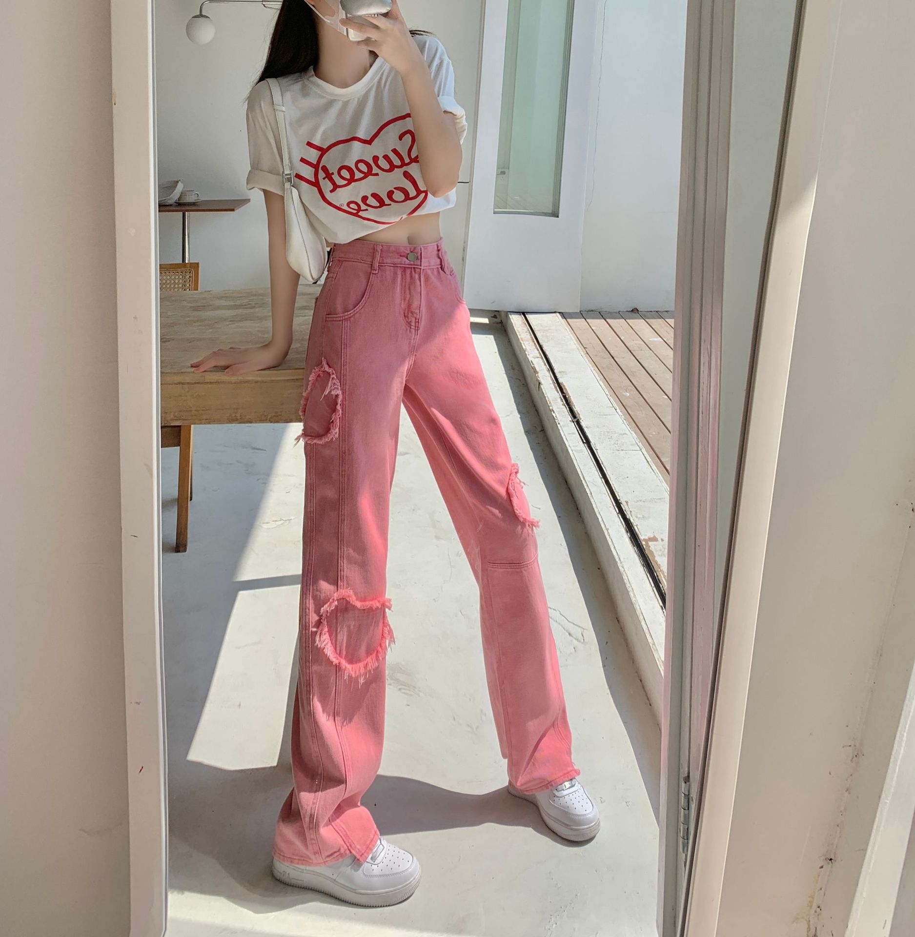 Love Loose Straight Babes Pink Pants Jeans Women 136