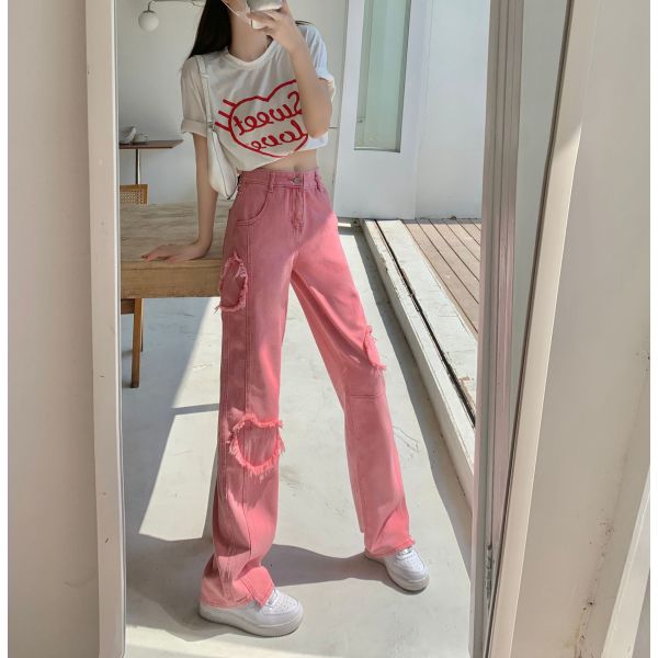 Love Loose Straight Babes Pink Pants Jeans Women 136