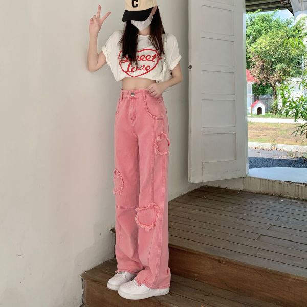Love Loose Straight Babes Pink Pants Jeans Women 136