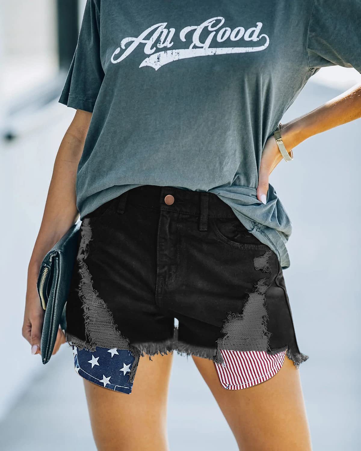 New American flag ripped tassel denim shorts for women 28