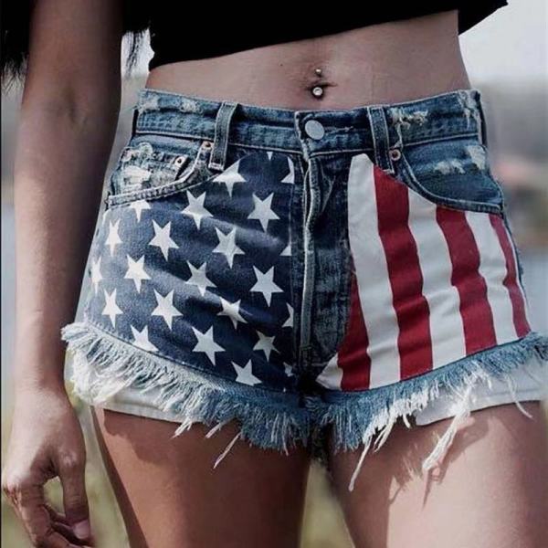 New American flag ripped tassel denim shorts for women 28