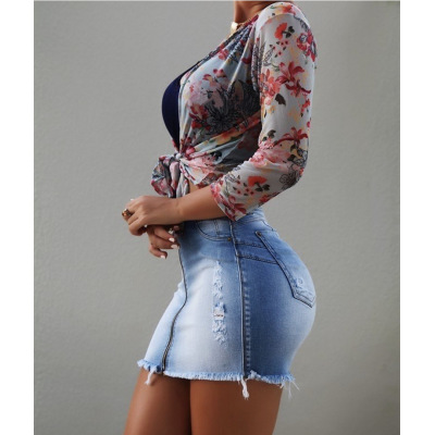 New gradient color ripped sexy zipper bag hip denim skirt 54