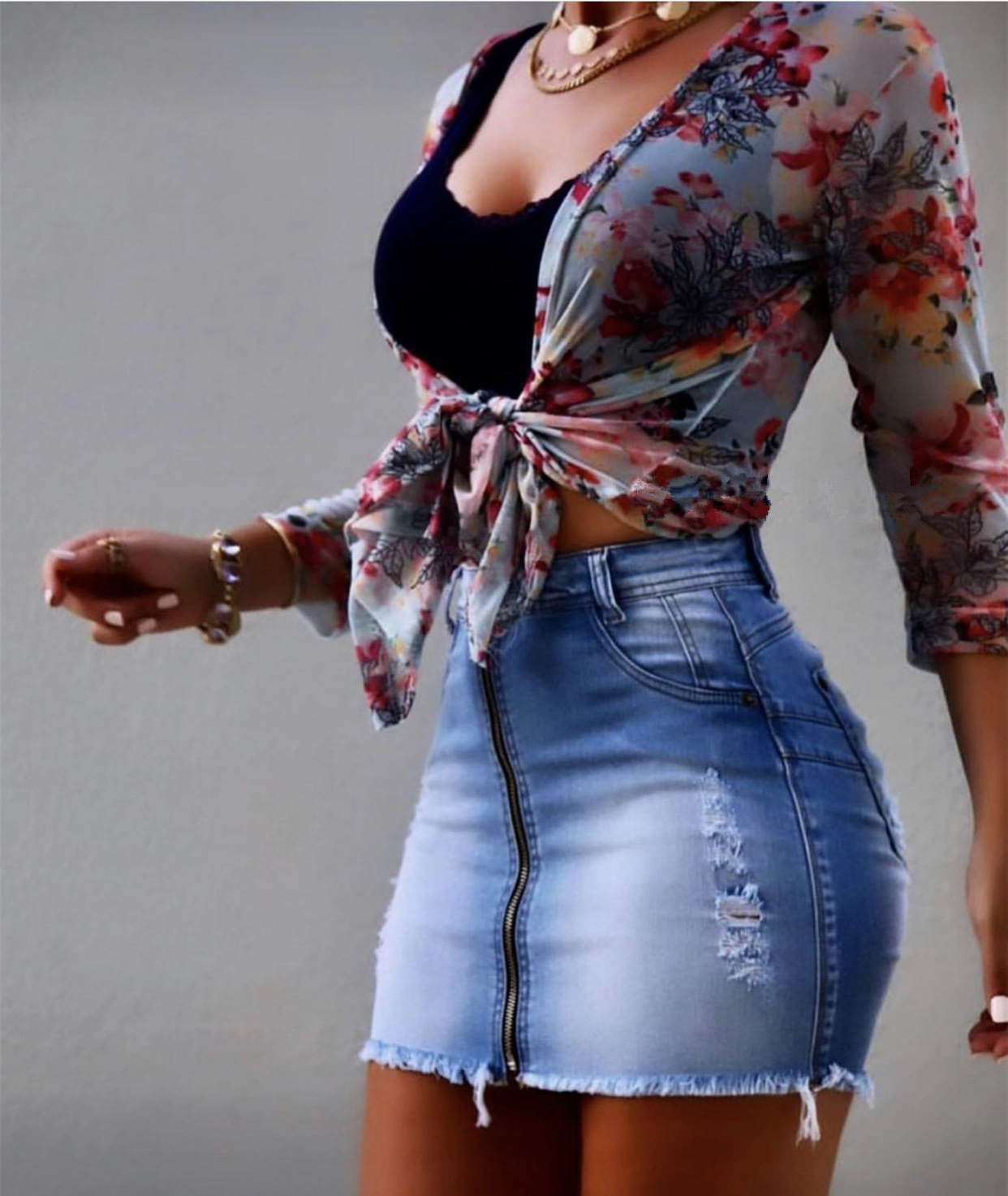 New gradient color ripped sexy zipper bag hip denim skirt 54