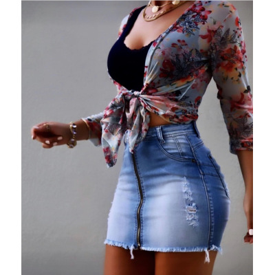 New gradient color ripped sexy zipper bag hip denim skirt 54