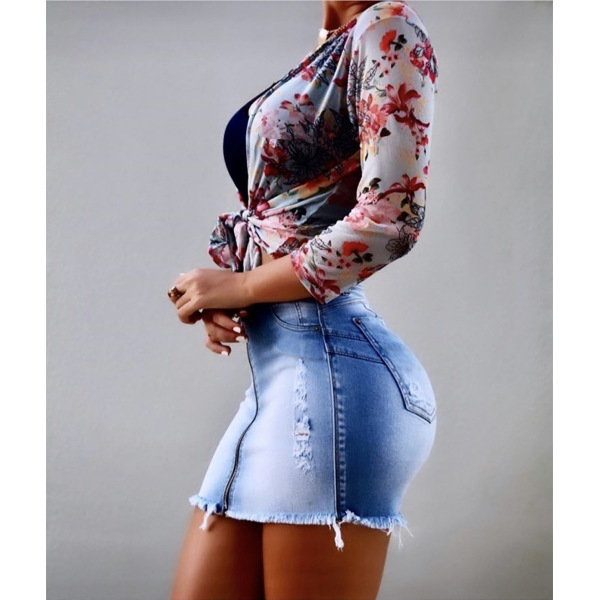 New gradient color ripped sexy zipper bag hip denim skirt 54
