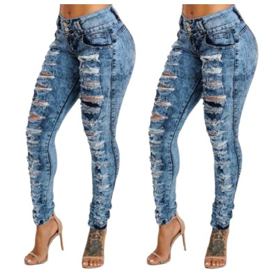 New style ripped high waist skinny jeans with buttonholes 74