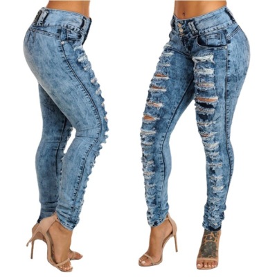 New style ripped high waist skinny jeans with buttonholes 74