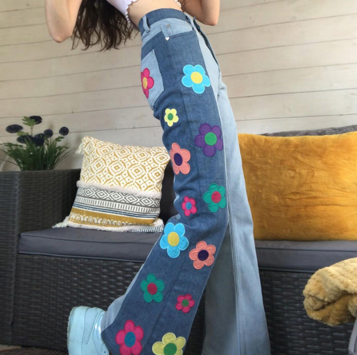 Side embroidered flower high waist bootcut trousers 7