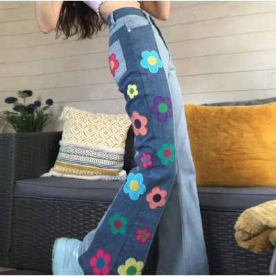 Side embroidered flower high waist bootcut trousers 7