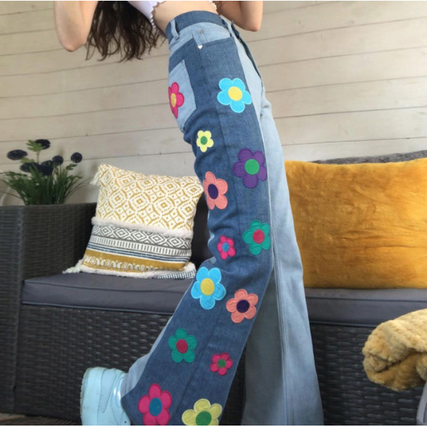 Side embroidered flower high waist bootcut trousers 7