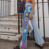 Side embroidered flower high waist bootcut trousers 7