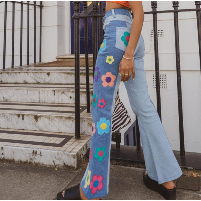 Side embroidered flower high waist bootcut trousers 7
