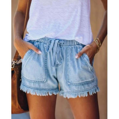 Street Style Elastic Waist High Waist Thin Denim Shorts Women 104
