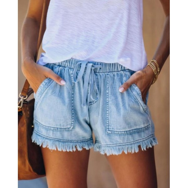 Street Style Elastic Waist High Waist Thin Denim Shorts Women 104