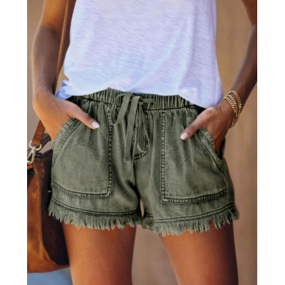 Street Style Elastic Waist High Waist Thin Denim Shorts Women 104