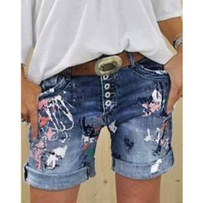 Summer new denim shorts washed printed jeans women's clothing 40 