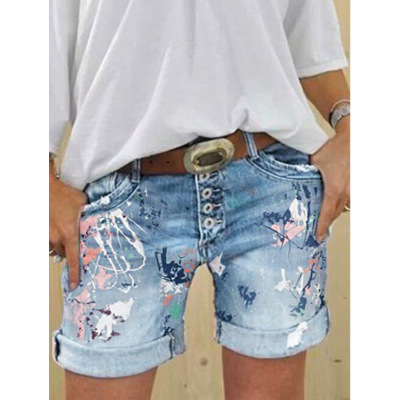 Summer new denim shorts washed printed jeans women's clothing 40 