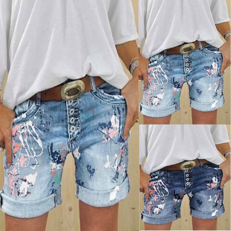 Summer new denim shorts washed printed jeans women's clothing 40 