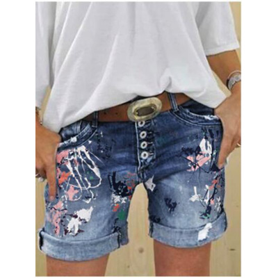Summer new denim shorts washed printed jeans women's clothing 40 