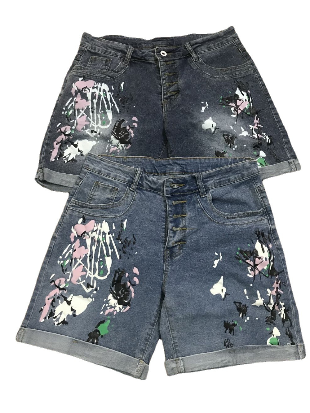 Summer new denim shorts washed printed jeans women's clothing 40 