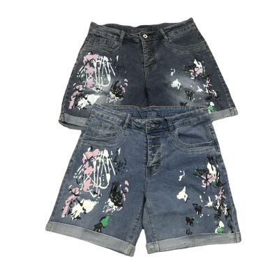 Summer new denim shorts washed printed jeans women's clothing 40 