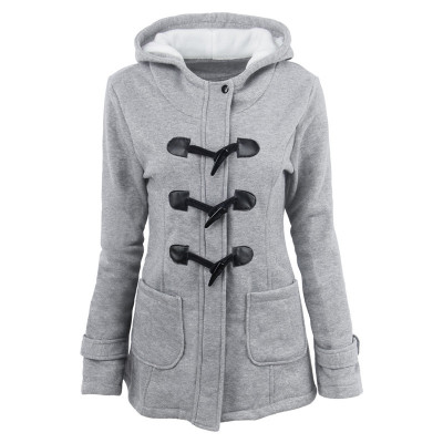 Women's Horn Button Coat Thick Hooded Blended Cotton Jacket 31 