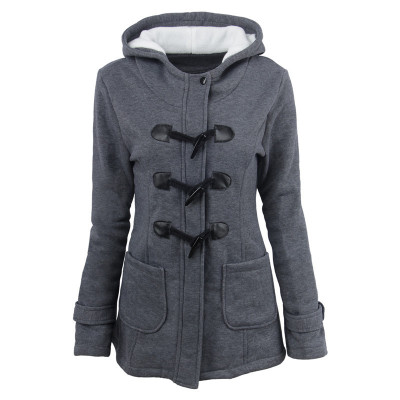 Women's Horn Button Coat Thick Hooded Blended Cotton Jacket 31 