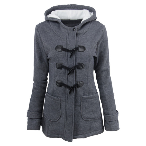 Women's Horn Button Coat Thick Hooded Blended Cotton Jacket 31 