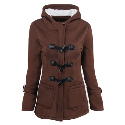 Women's Horn Button Coat Thick Hooded Blended Cotton Jacket 31 